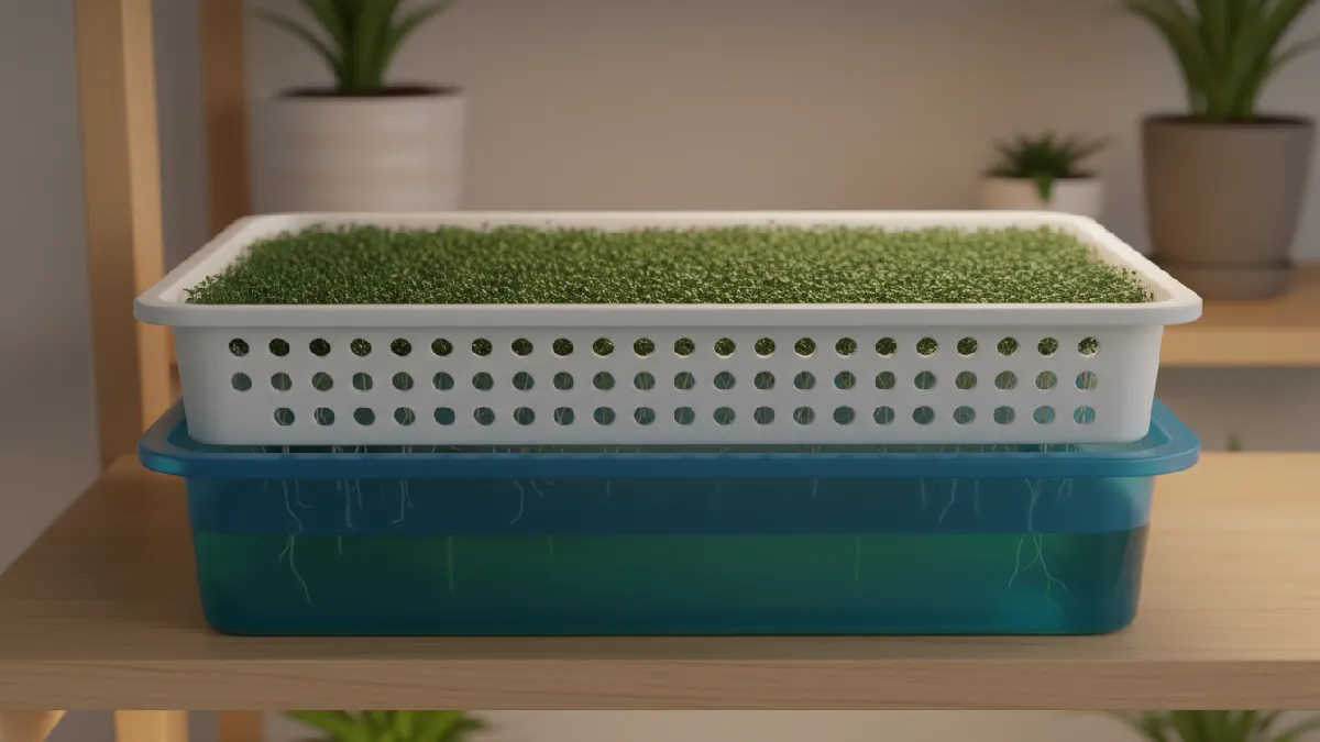 Placing perforated tray over water tray with damp grow mat for microgreens