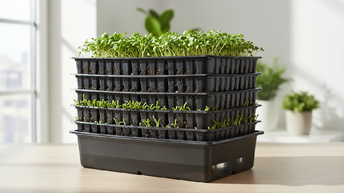 Shallow growing trays with drainage holes used for microgreens at home
