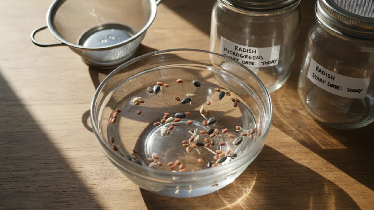 Radish, broccoli, and sunflower seeds soaking in clean water on a sunny kitchen counter, ready to drain, demonstrating beginner, friendly microgreens preparation for indoor jar gardening.