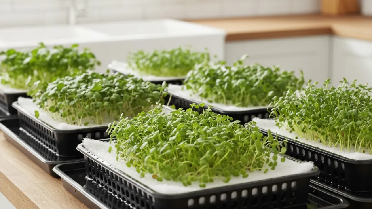 Hydroponic trays used for soil-free microgreen growing