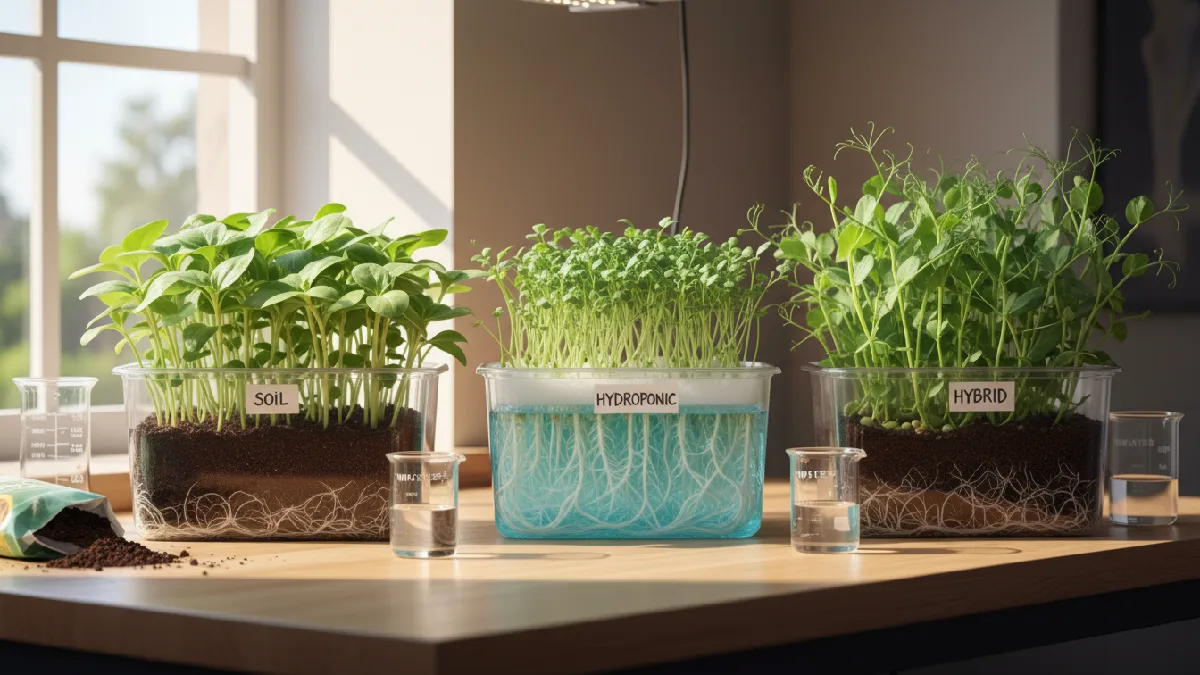 Soil tray with roots growing naturally, hydroponic tray with roots dangling in nutrient solution, hybrid tray mixing soil and water, vibrant green leaves, strong upright stems, sunlight illuminating trays, showing growth speed, nutrition, and cleanliness differences clearly.