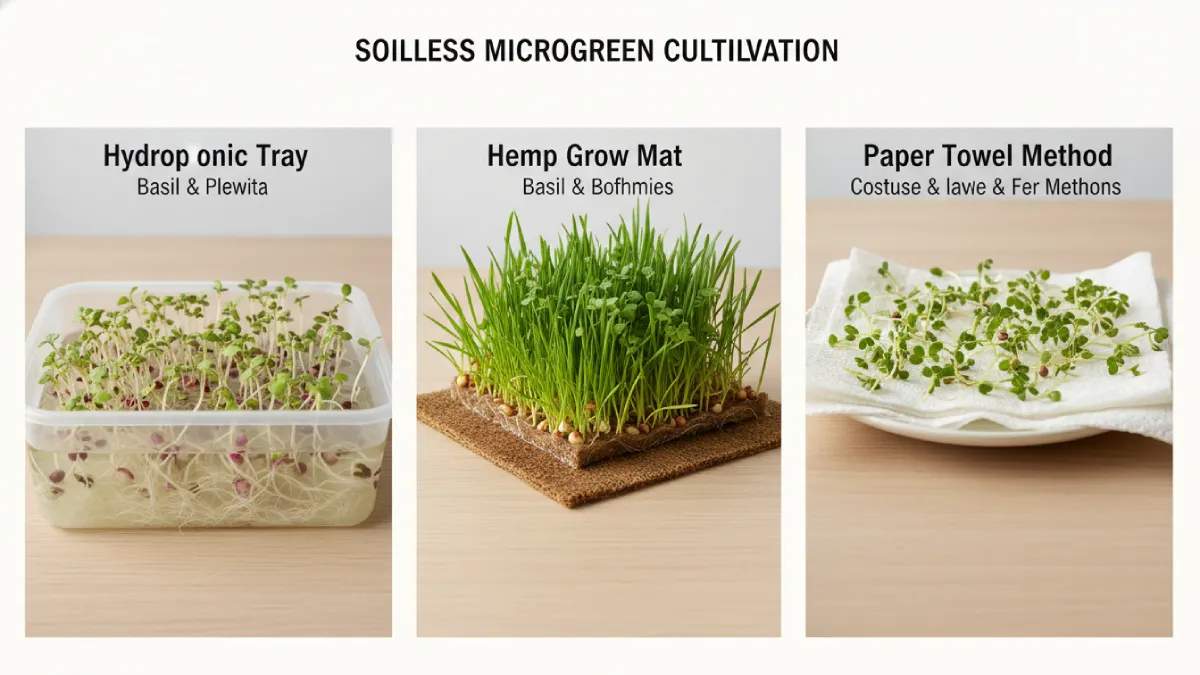 Different soil-free microgreens growing methods including hydroponic trays and grow mats