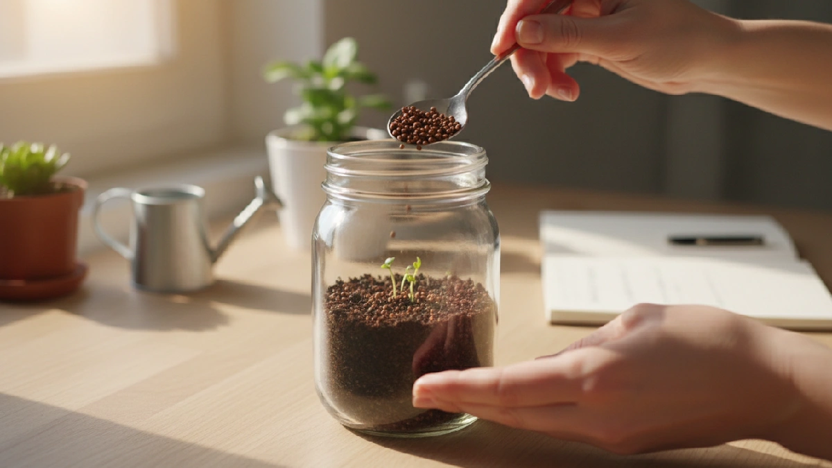 Hands evenly scattering radish seeds over damp medium in a glass jar under sunlight, showing tidy, beginner, friendly indoor microgreens setup with sprouts starting to grow.
