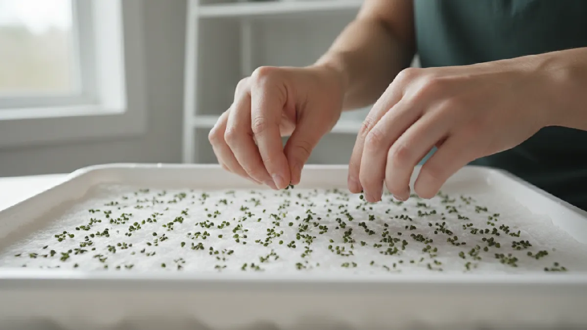 Evenly sowing microgreen seeds in a hydroponic growing tray