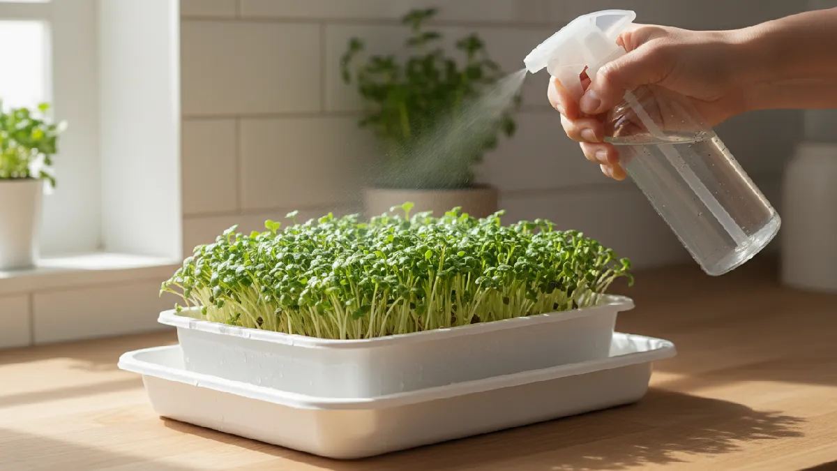Spraying water on broccoli microgreens in a tray with bottom watering tray