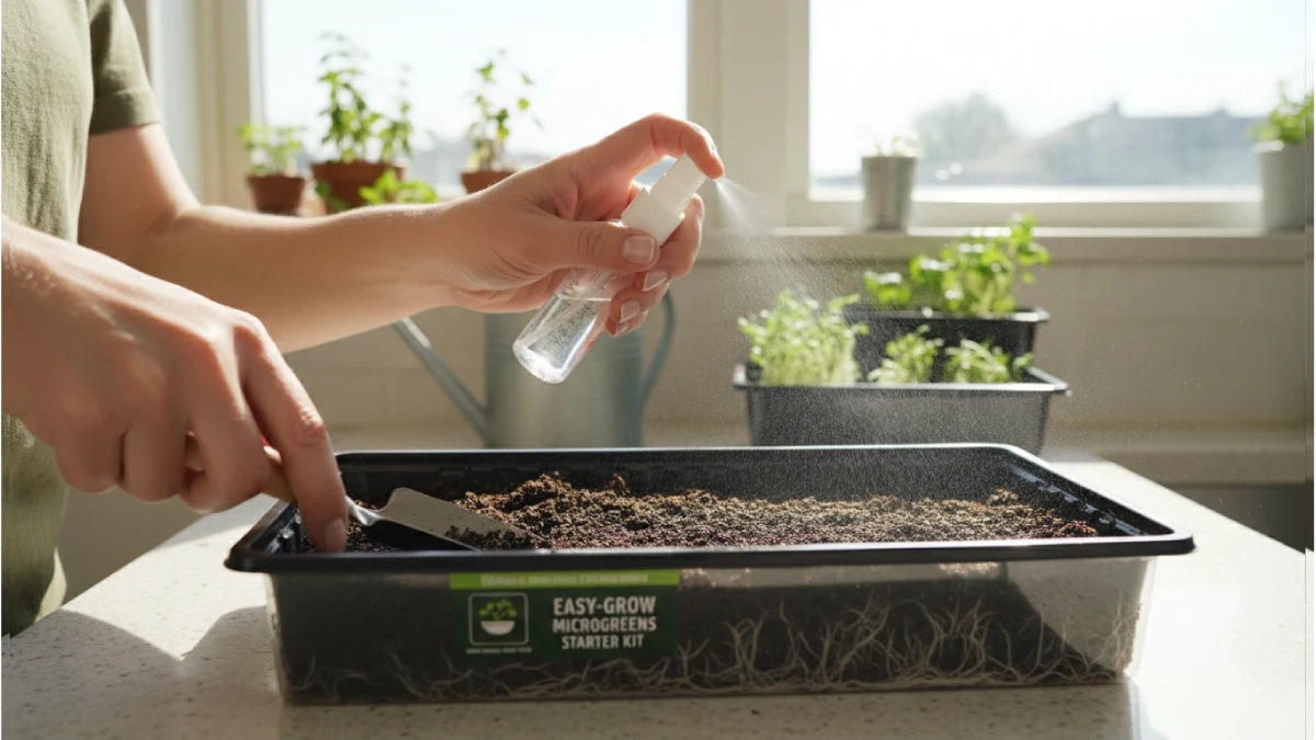 Hands preparing a microgreens tray with 1to 2 inches of growing medium, flattening and misting, placed on a sunlit kitchen counter, demonstrating a beginner-friendly indoor gardening setup with proper tray preparation. 