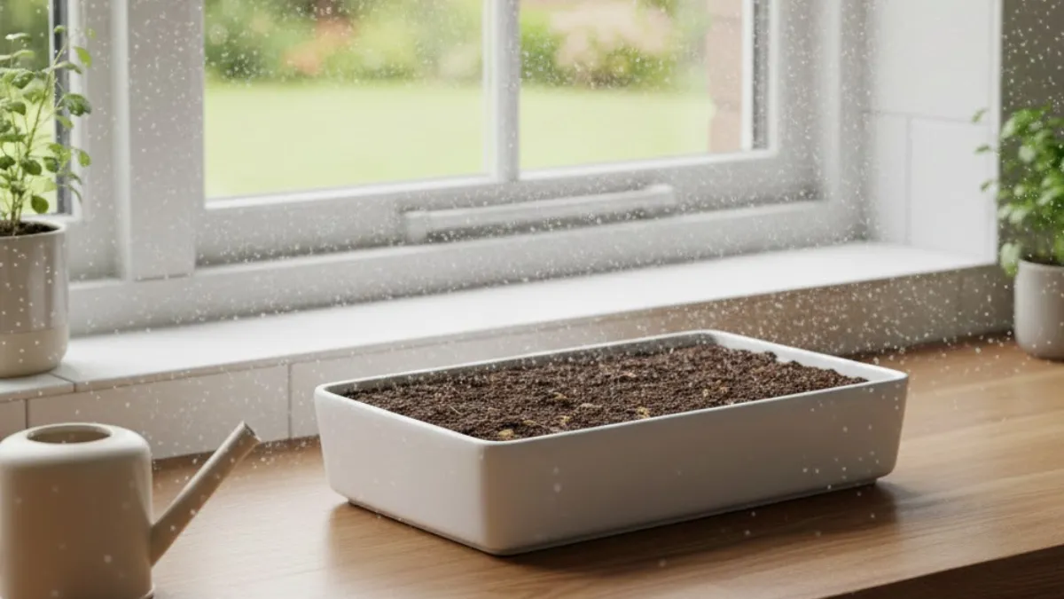 preparing tray with soil for indoor microgreens