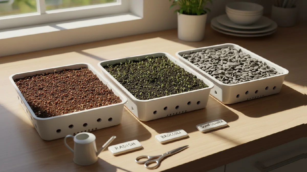 Shallow trays with radish, broccoli, and sunflower seeds spread evenly, small drainage holes visible, early green shoots sprouting, sunlight illuminating trays, a clean indoor setup, showing seed selection, tray preparation, and beginner-friendly microgreens growth.