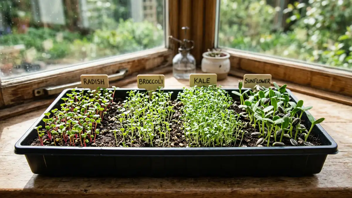 Shallow tray with radish, broccoli, kale, sunflower seeds sprouting indoors in compact, clean setup.