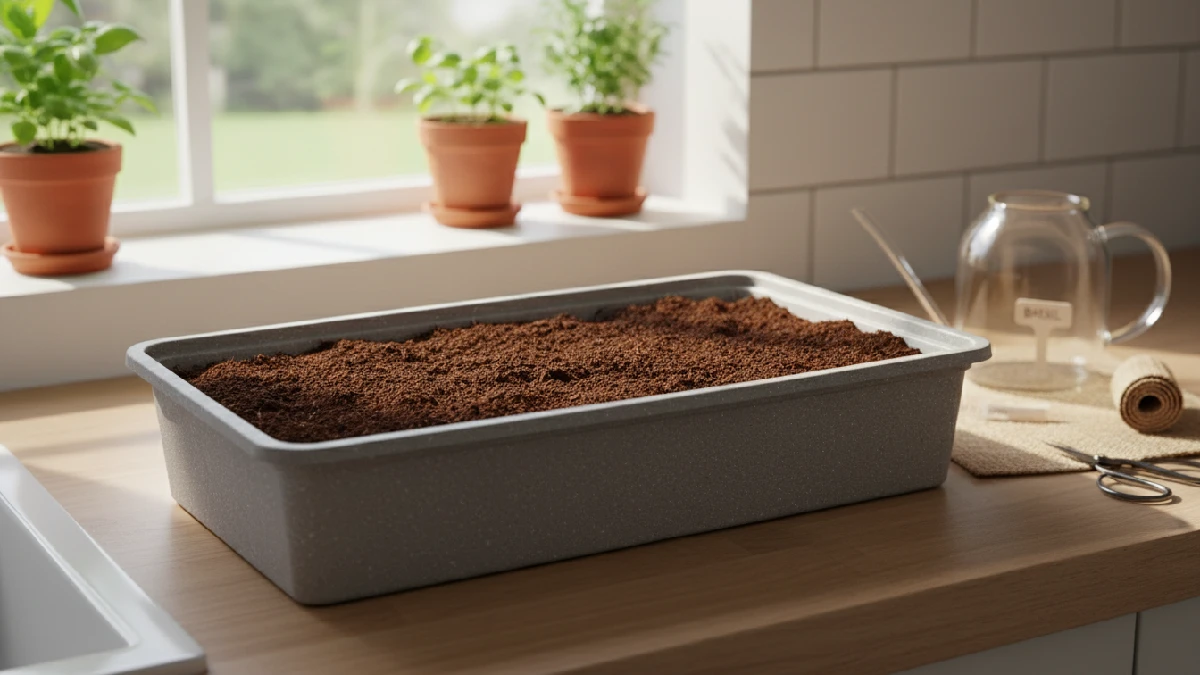 Preparing a shallow tray for microgreens by filling it with soil or growing medium, smoothing the surface gently, and setting it near light for healthy root growth. 