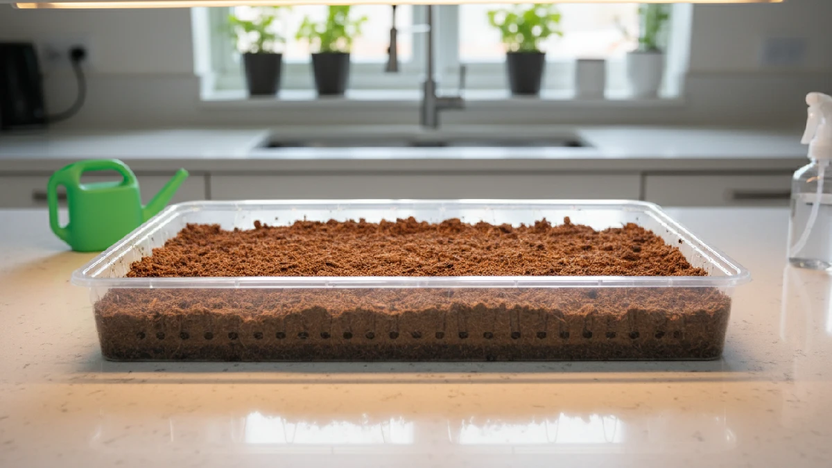 Prepare a shallow tray with soil or cocopeat for indoor microgreens growing, filling one to two inches evenly to support healthy root development. 