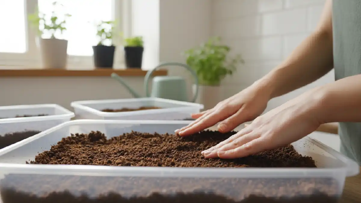 Preparing a shallow tray with moist soil for growing broccoli microgreens