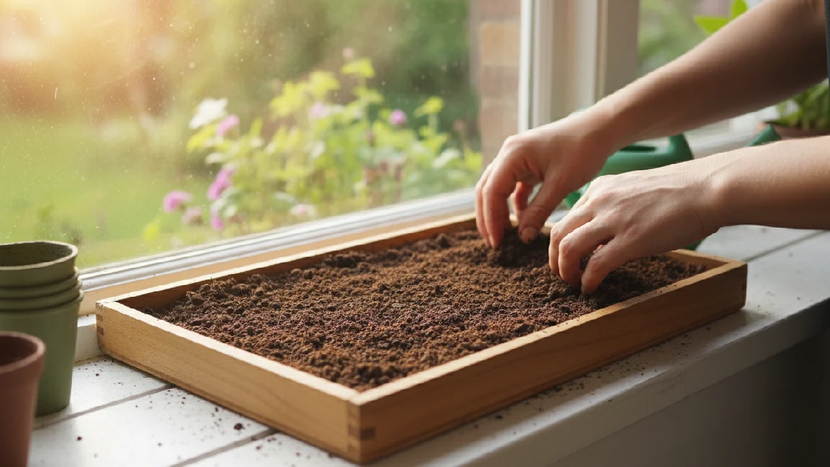 A shallow tray with soil or cocopeat being prepared by hands, ready for planting microgreen seeds on a sunny windowsill.