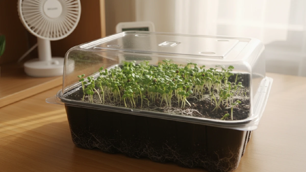 Tray with seeds under a light cover, tiny green shoots starting to peek, soil or mat gently misted, small airflow fan nearby, soft sunlight streaming, showing early germination, beginner-friendly microgreens setup, roots grabbing medium, growth quietly emerging, and first shoots visible.
