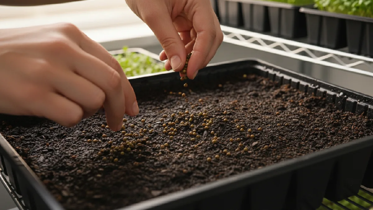 Evenly sowing microgreen seeds on soil indoors, avoiding overcrowding so roots and leaves have space to grow strong and healthy. 