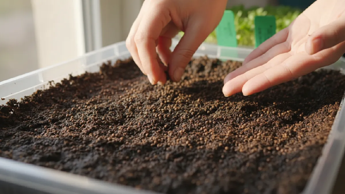 Evenly sowing broccoli microgreen seeds over moist soil in a shallow tray