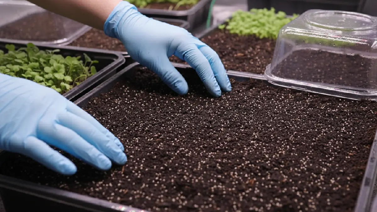 Evenly sowing microgreen seeds on soil in a shallow tray, ensuring proper spacing so tiny leaves have room to grow strong and healthy indoors. 