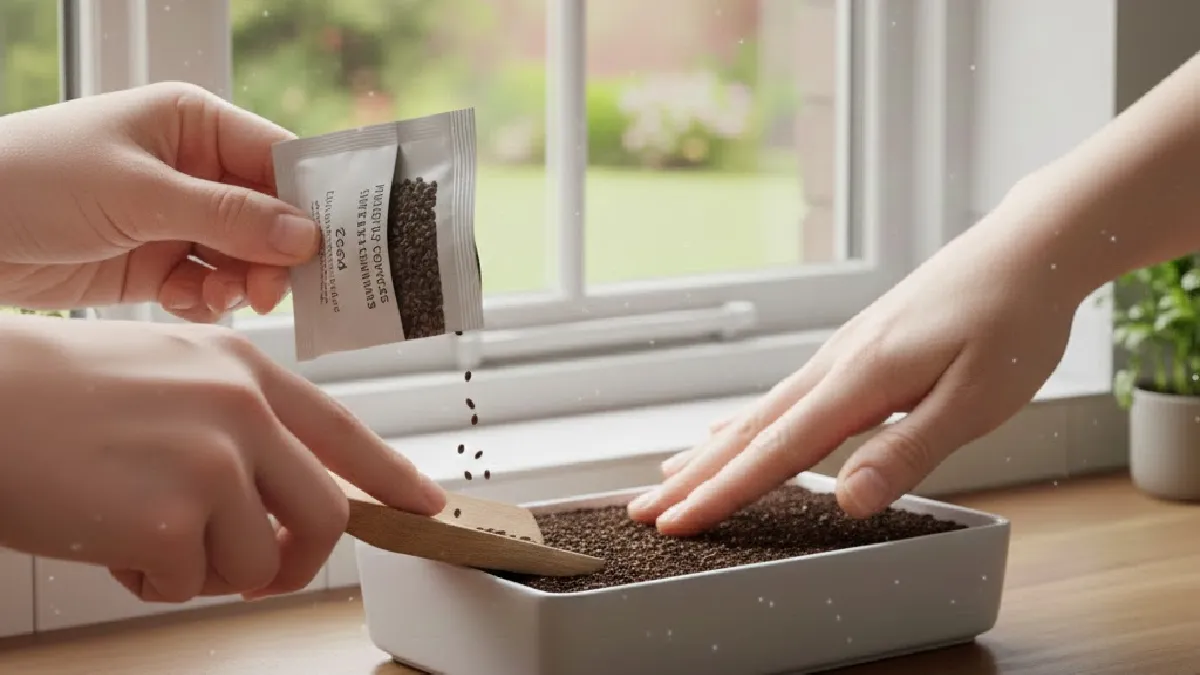ands sprinkling and pressing microgreens seeds evenly in a tray to prevent overcrowding.