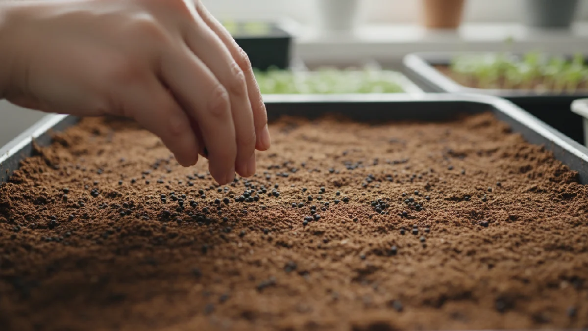 Microgreen seeds being evenly sown on a prepared tray, spaced properly, ready for germination in indoor gardening.