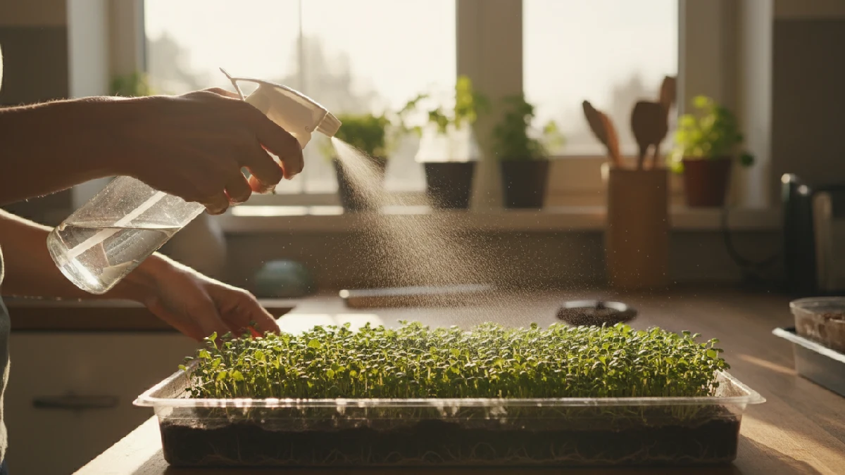 Indoor microgreens tray being misted gently to keep the medium damp, roots hidden, sunlight shining through the window, showing proper beginner-friendly watering technique for healthy, vibrant, and nutrient-rich microgreens growth. 