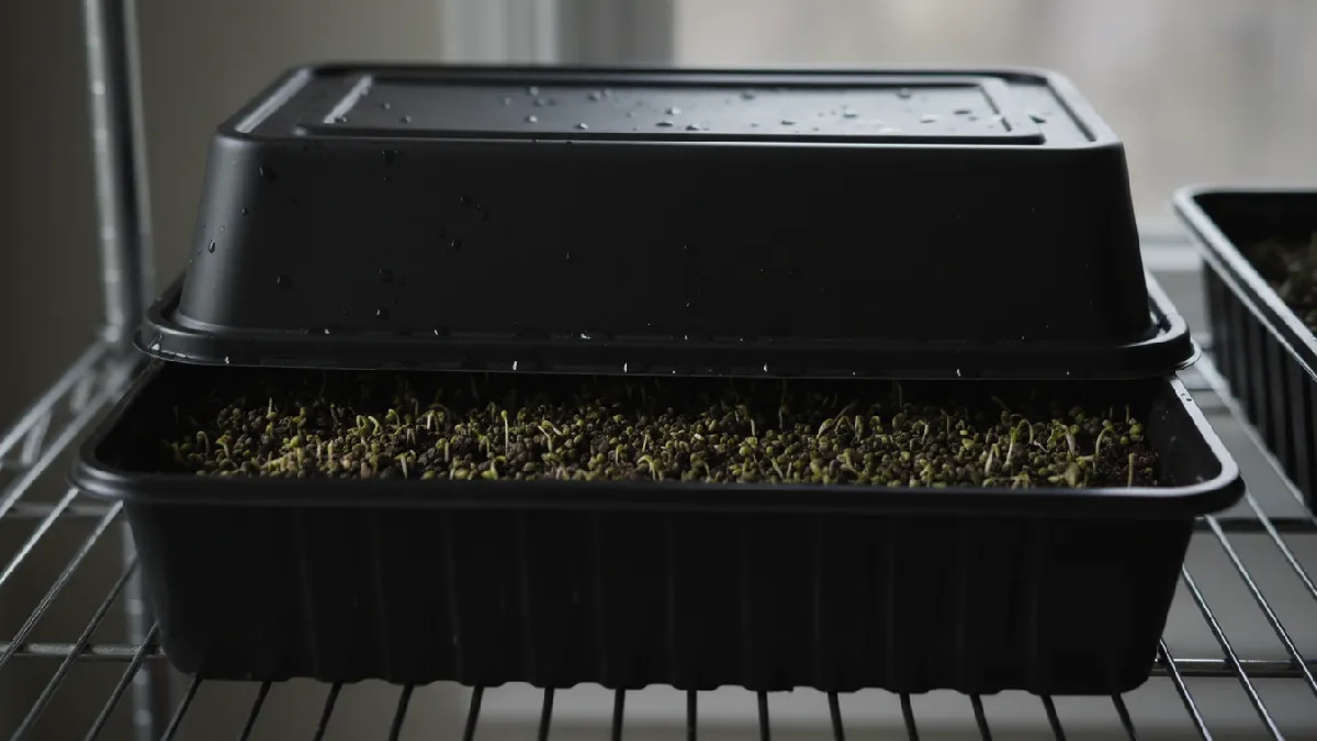 Broccoli microgreens covered during blackout phase for germination