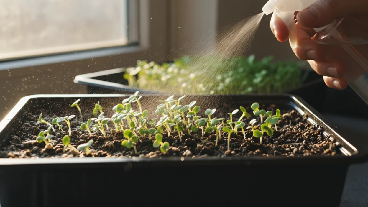 Small microgreen sprouts emerging from the tray medium, misted lightly, showing the early germination stage of indoor gardening.