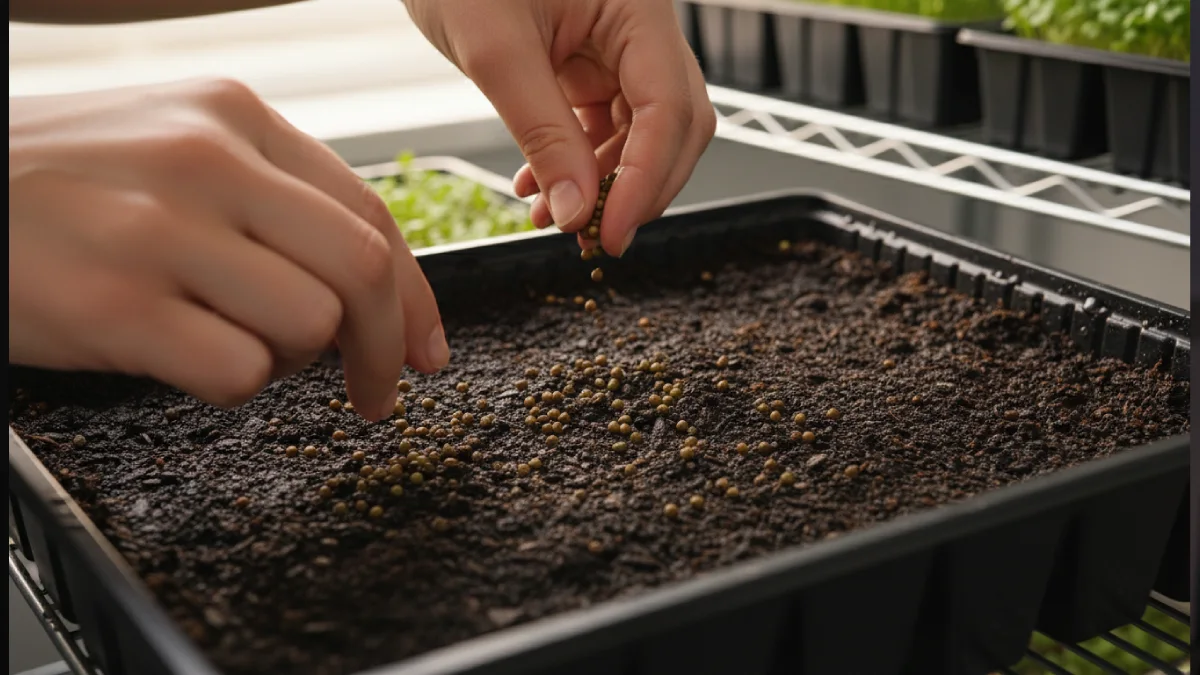 The microgreens tray is covered during germination to maintain moisture and darkness, helping seeds sprout evenly before exposure to indoor light. 