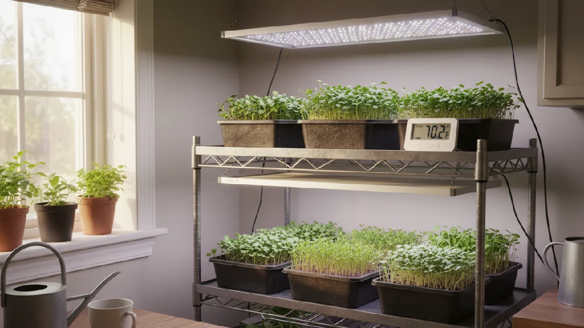 Microgreens trays illuminated by LED lights, sunlight streaming through a window, a thermometer showing optimal 65-75°F, tiny shoots upright and evenly spaced, an indoor, beginner-friendly setup, illustrating proper light and temperature control for healthy, vibrant microgreen growth.