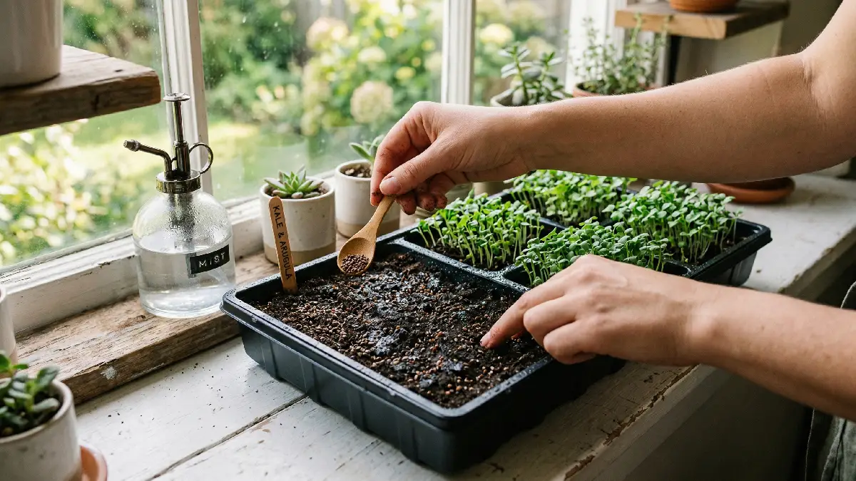 Hands planting microgreens seeds in shallow tray with medium, tiny green shoots starting indoors.