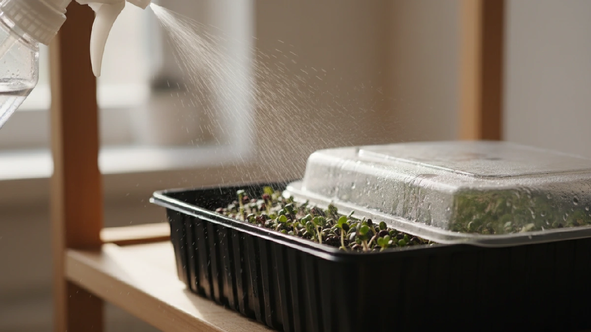Lightly misting microgreen seeds with a spray bottle and covering the tray to retain moisture, helps seeds germinate quickly and evenly. 