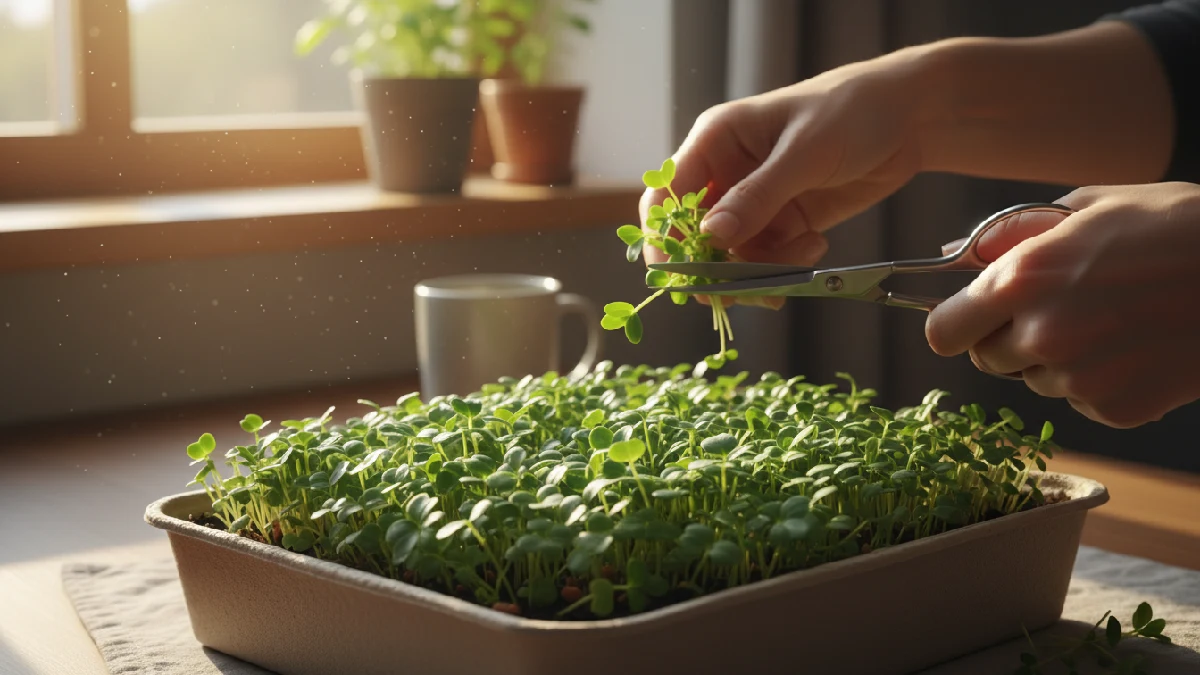 Hands harvesting microgreens with scissors above the medium, keeping roots hidden, leaves fresh and vibrant, on a sunlit kitchen counter, demonstrating a beginner-friendly, calm, and rewarding indoor gardening harvest process. 