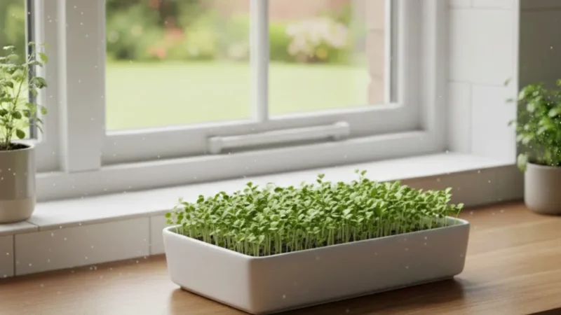 microgreens growing near window light indoors