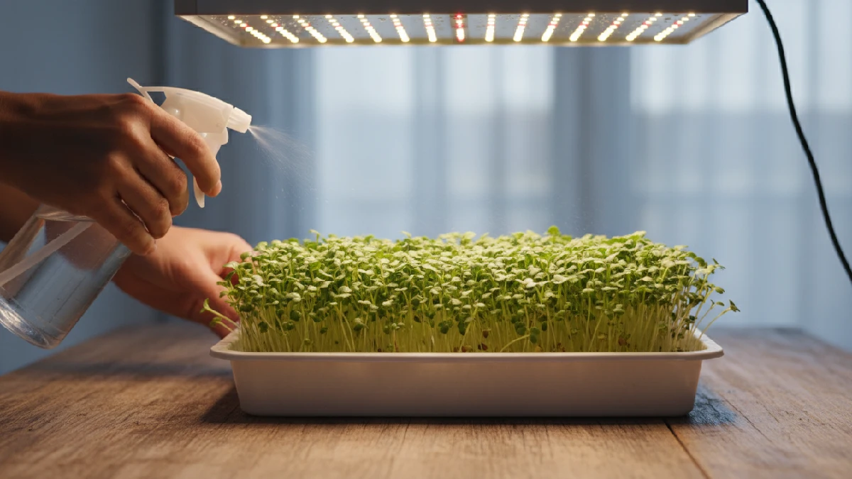 Microgreens growing steadily in a tray, receiving proper light and moisture, demonstrating daily care and maintenance for healthy growth.