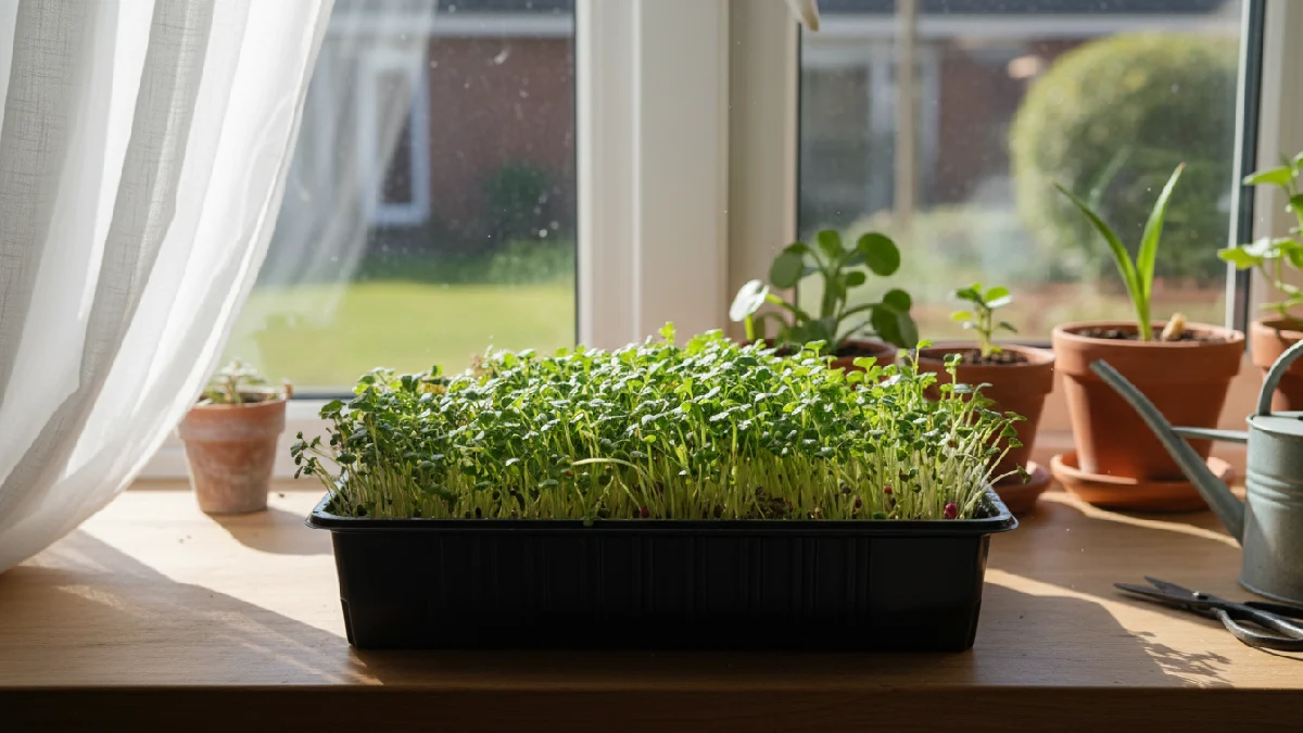 Providing proper sunlight or LED light to microgreens by placing the tray near a window, helping leaves grow straight, green, and healthy. 