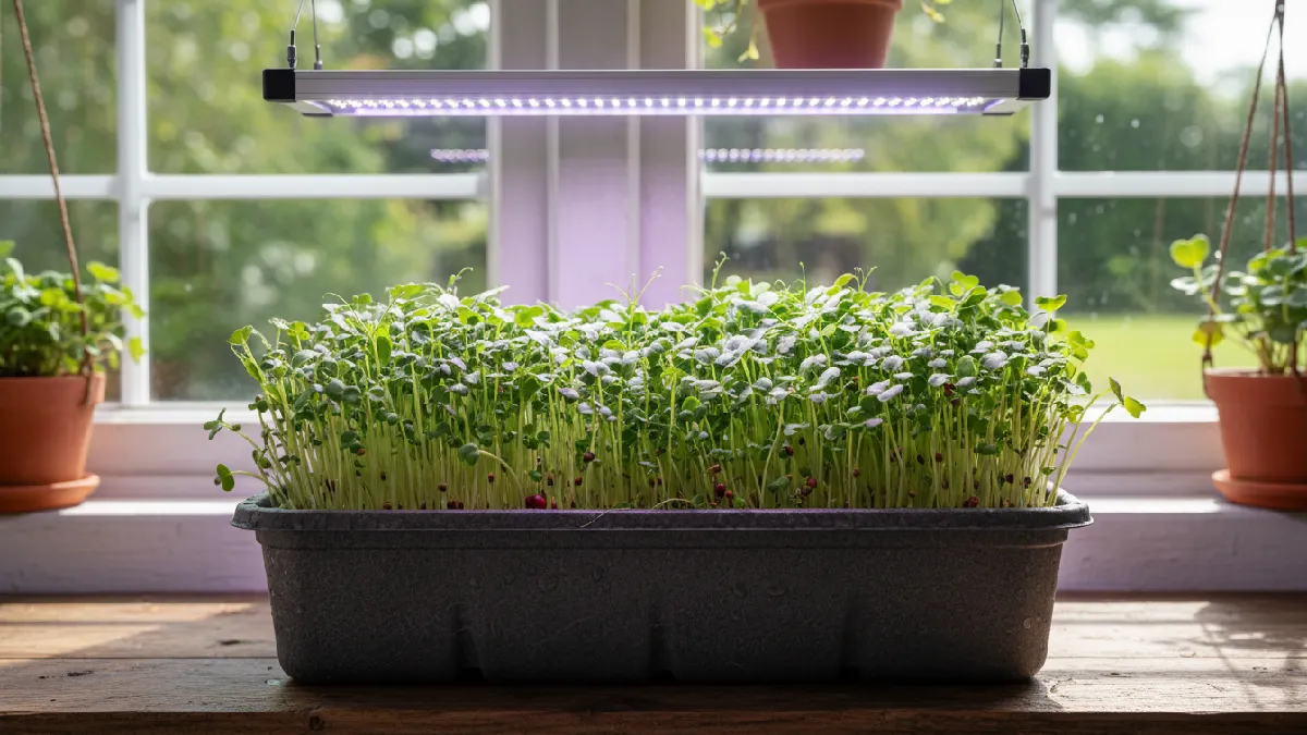 Providing proper indoor light to microgreens using sunlight or LED grow lights to encourage straight, green, and healthy leaf growth. 