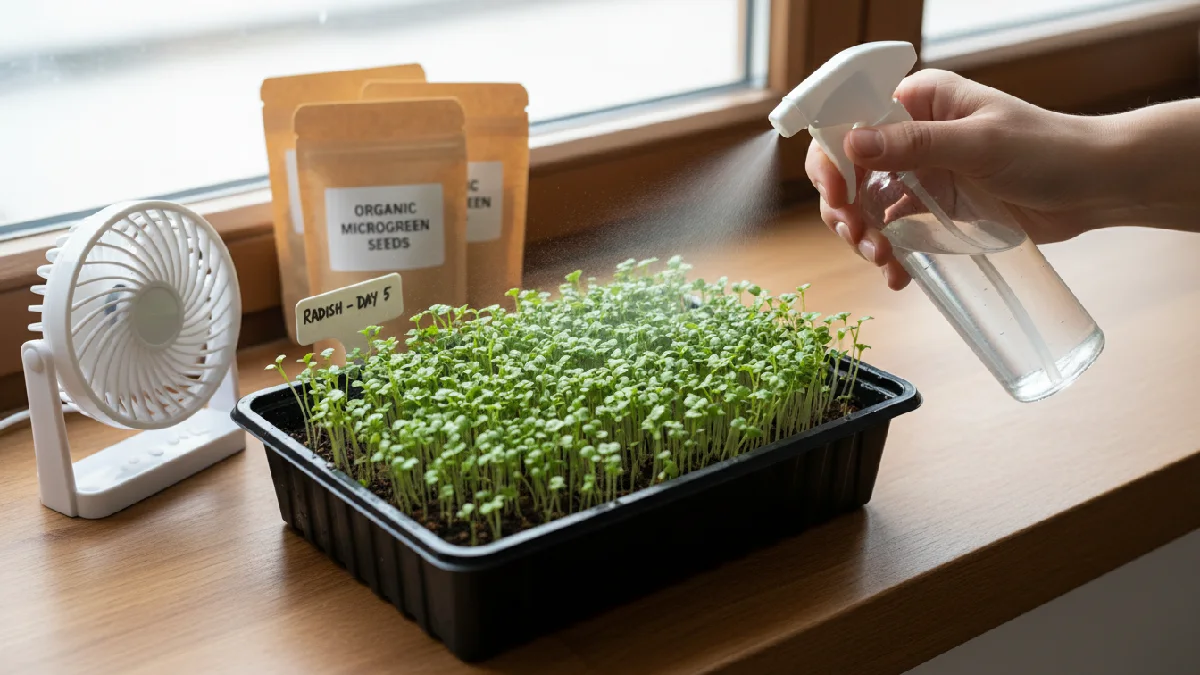 Tray of microgreens being gently misted, soil or mat damp, small fan providing airflow, shoots upright and vibrant green, clean indoor setup, illustrating proper watering, mold prevention, daily maintenance, and a beginner-friendly microgreens care routine with visible healthy growth.