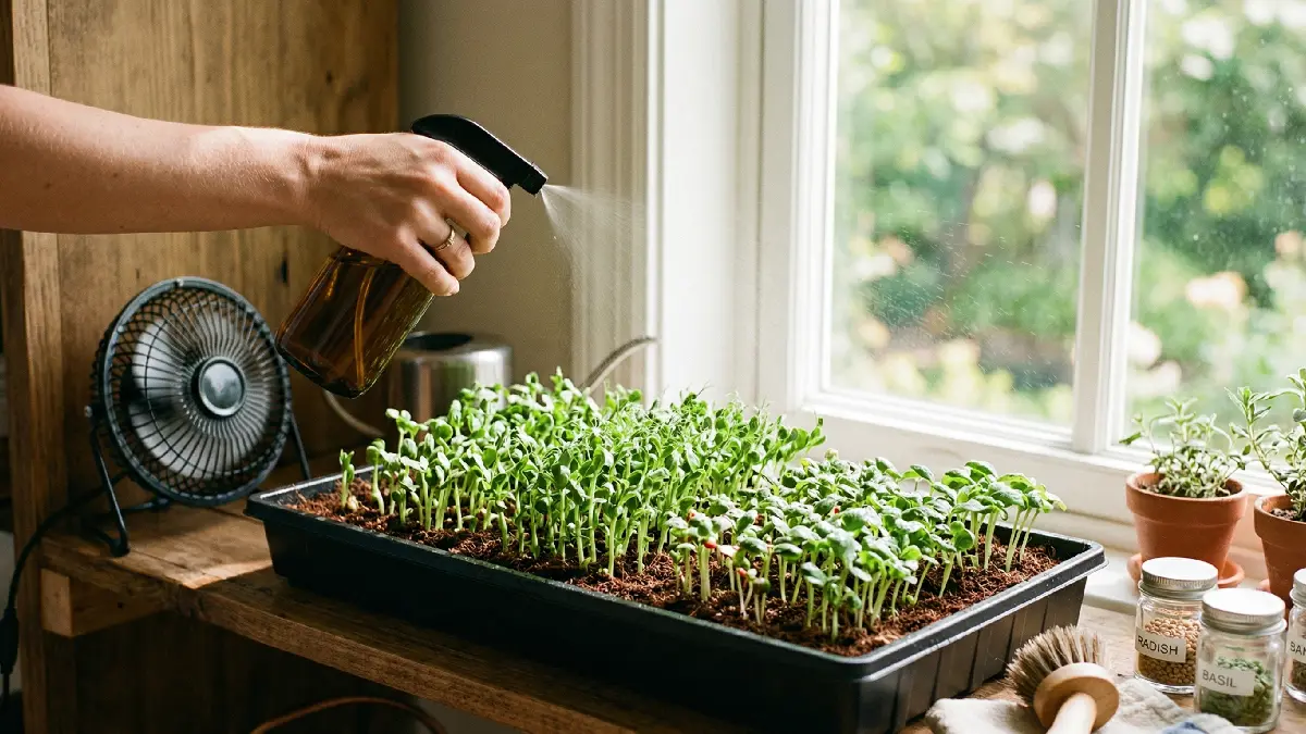 Microgreens tray being gently misted, tiny shoots upright, indoor compact home gardening setup.