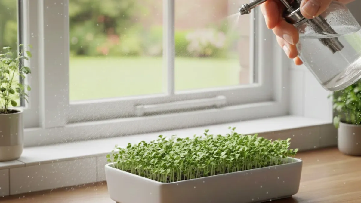 watering microgreens with spray bottle indoors