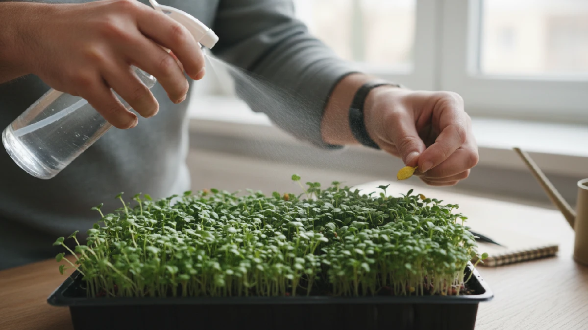 Daily care of microgreens includes gentle misting, checking soil moisture, adjusting light, and removing dead leaves to keep plants healthy. 
