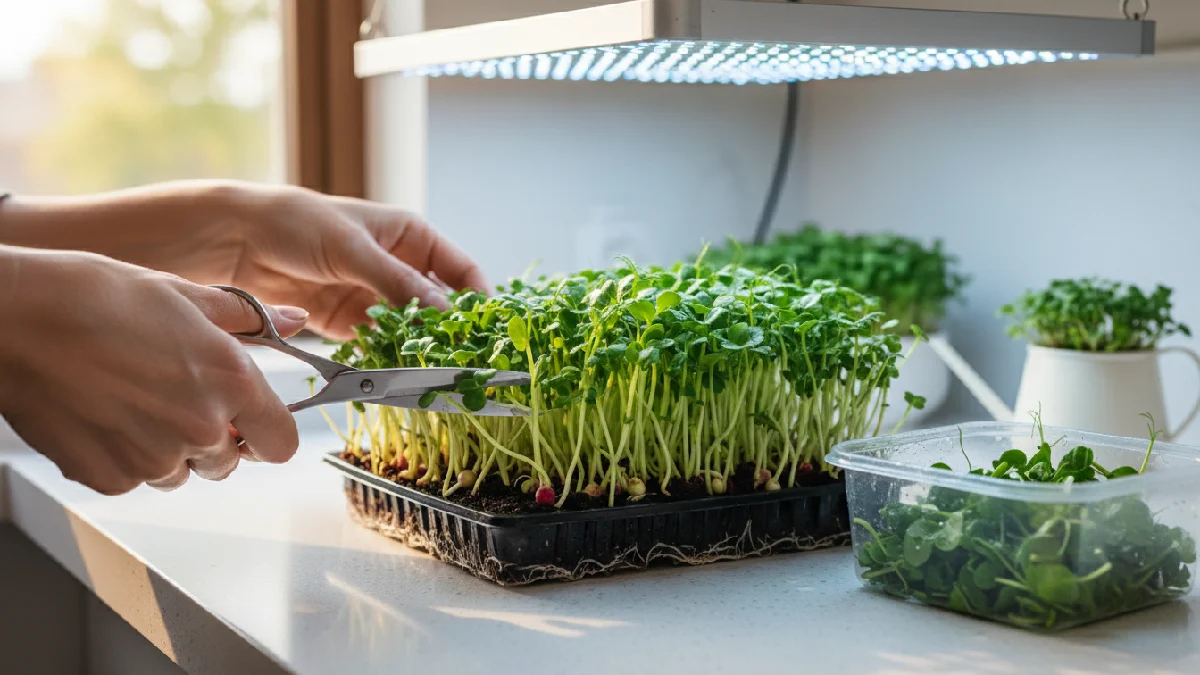 Hands cutting microgreens gently above roots in shallow tray, freshly harvested green leaves, clean indoor countertop, sunlight or LED lights highlighting shoots, beginner-friendly setup, showing harvest stage, vibrant leaves, freshness, and rewarding microgreens growth experience.