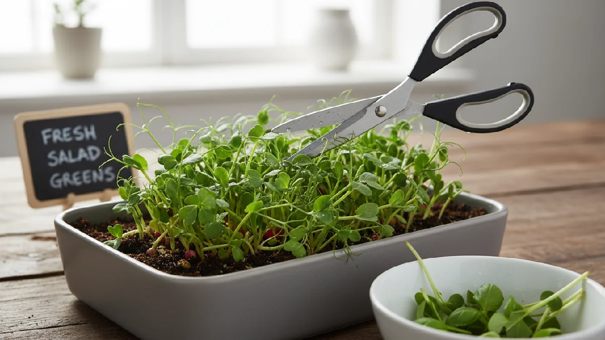 Microgreens being gently harvested with scissors above the medium, showing fresh, crisp leaves ready to eat from a home tray.