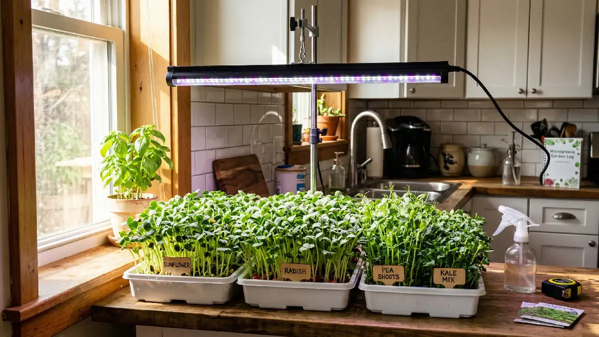 Microgreens trays under LED and sunlight, vibrant green shoots, indoor kitchen setup.