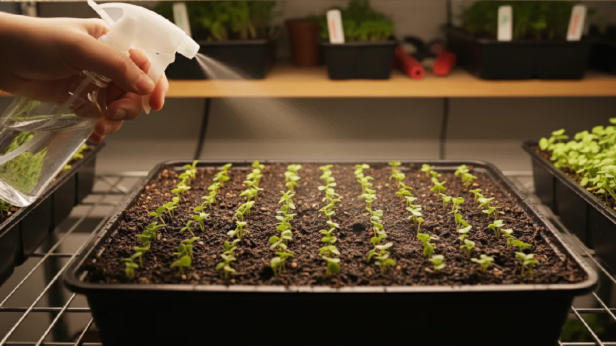Watering microgreens correctly by misting to keep the soil moist without flooding roots, ensuring healthy indoor plant growth. 