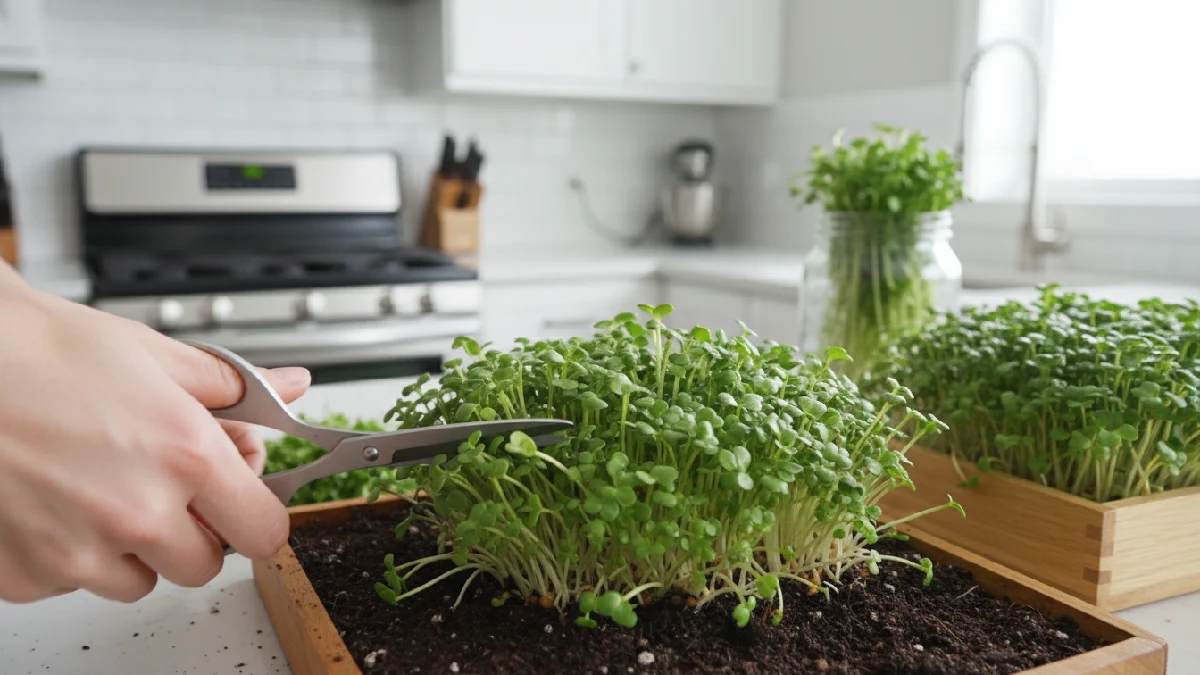 Harvesting fresh microgreens by cutting leaves at soil level with clean scissors, ensuring maximum flavor, nutrition, and freshness at home. 
