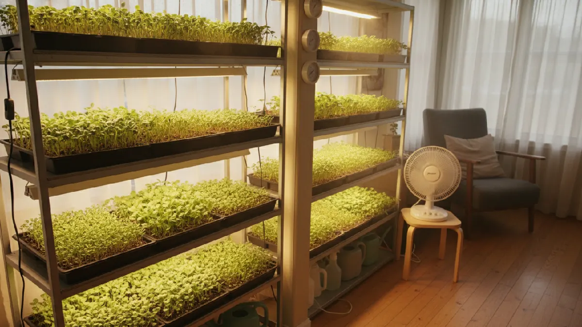 Maintaining proper indoor temperature and air circulation for microgreens using gentle airflow to prevent mold and support steady growth. 