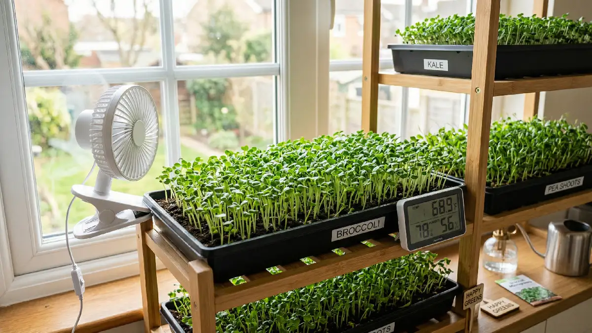 Microgreens trays with fan and thermometer indoors, shoots upright, healthy growth setup.