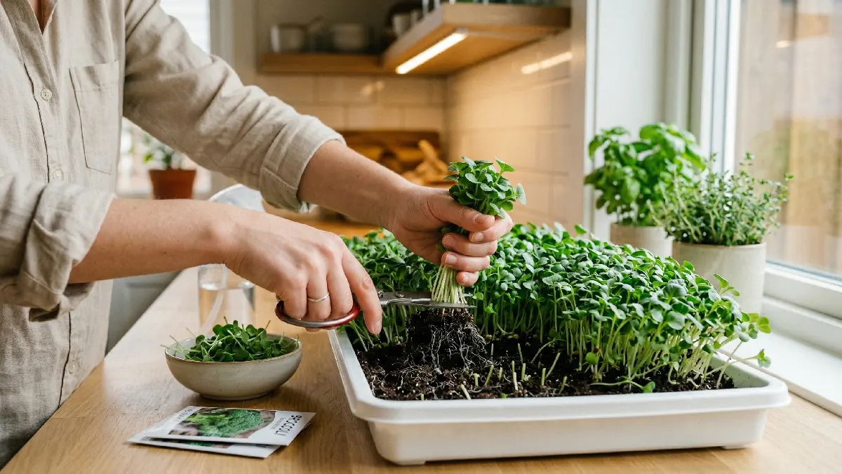 Hands harvesting microgreens with scissors above roots, vibrant green leaves, clean indoor setup.