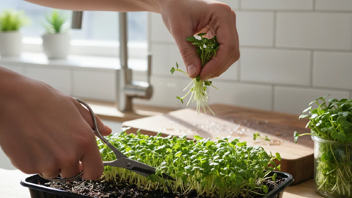 Harvesting indoor microgreens at the right time by cutting bright green leaves above the soil level for maximum freshness and nutrition. 