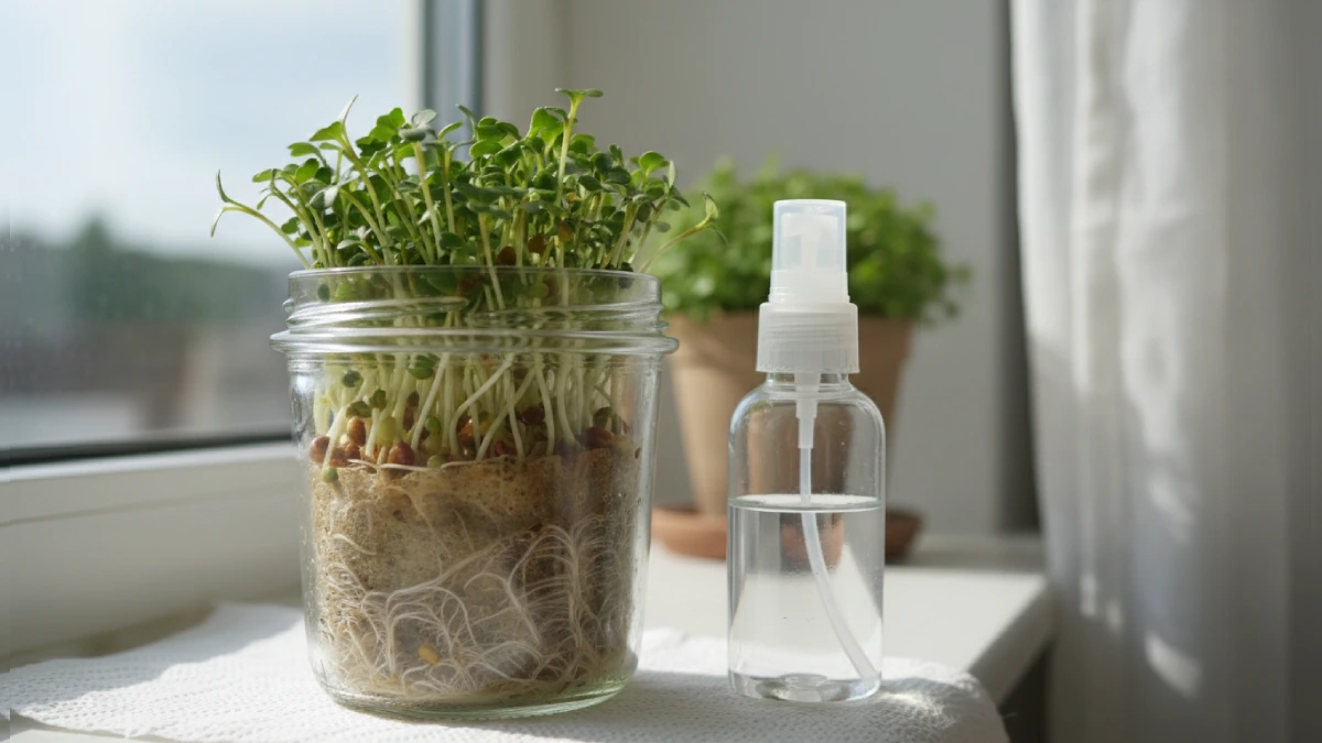 Glass jar with radish and broccoli microgreens sprouting on a sunny windowsill, paper towel medium inside, mist bottle nearby, showing clean, beginner-friendly indoor jar gardening setup with tender leaves and visible roots.