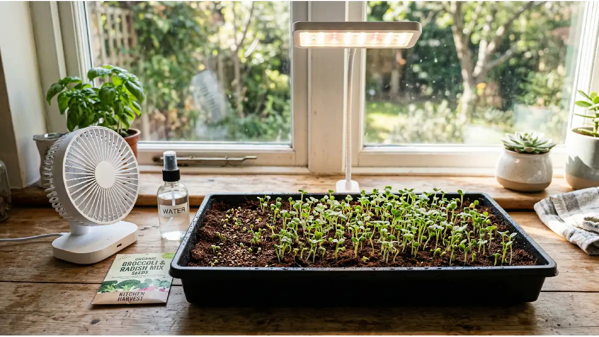 Shallow microgreens tray with tiny seeds scattered, lightly misted, green shoots emerging indoors on windowsill.
